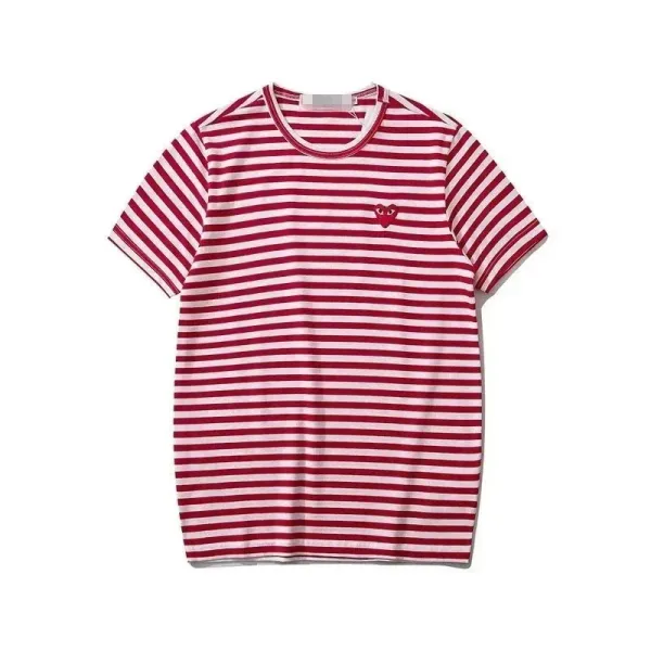 Comme des Garçons Play Red and White Striped Heart T-Shirt - 1