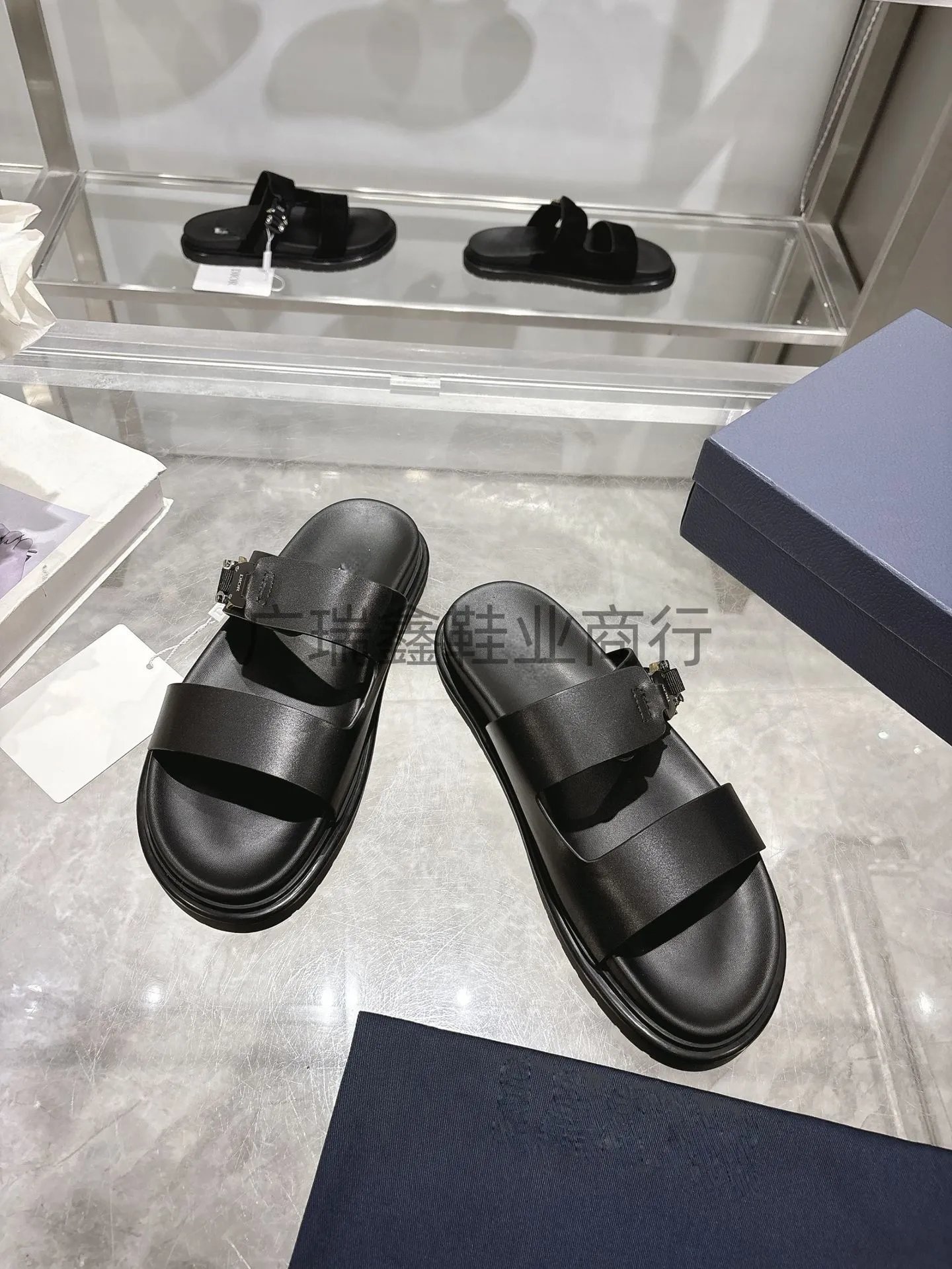Dior Dioraddict Slide Black Leather Sandals Slippers - 1