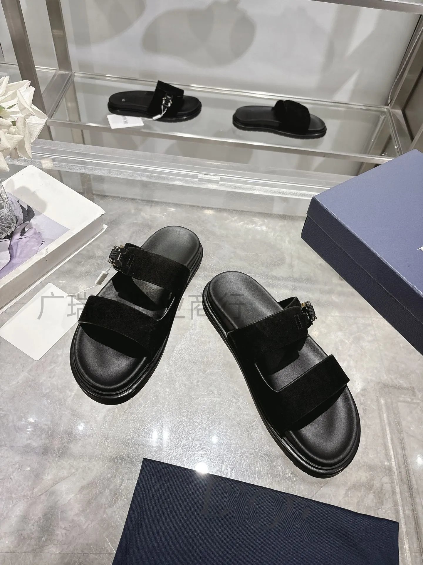 Dior Diorama Velvet Slide Sandals Black Slippers - 3