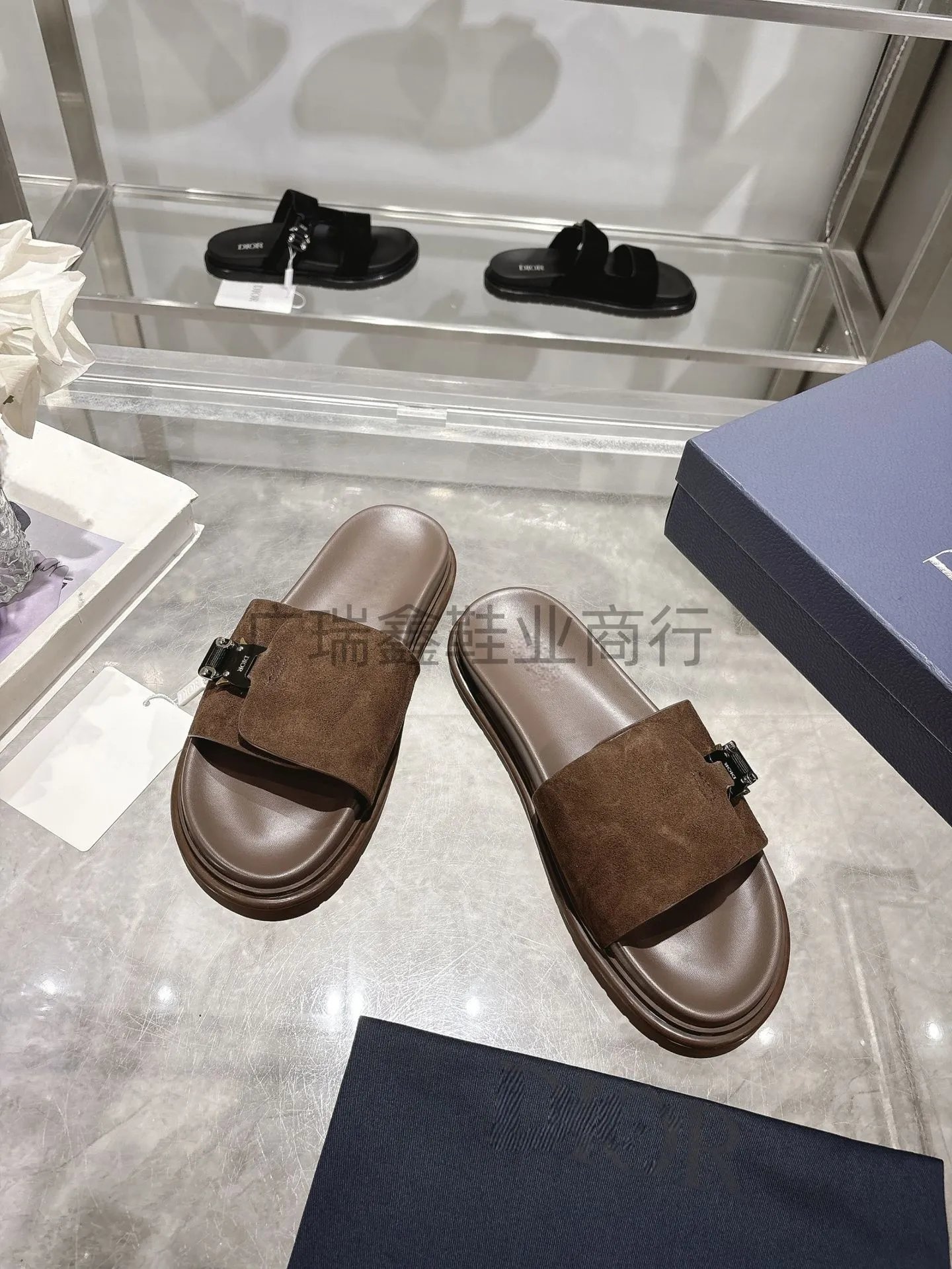 Dior Diorama Velvet Slide Sandals Black Slippers - 19