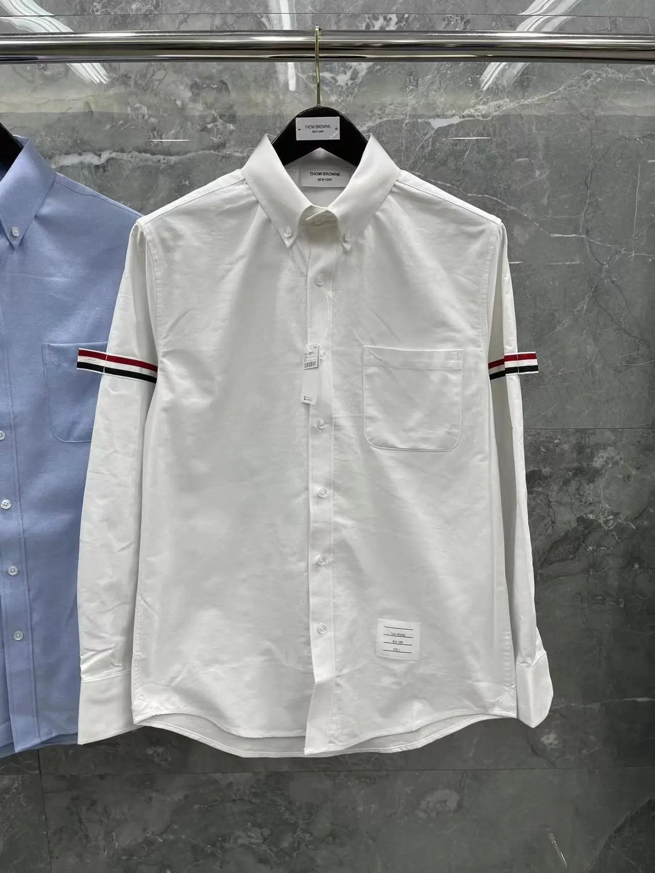 Thom Browne Shirts Button-Down with Tricolor Stripe Trim — White with double-sleeve ribbons