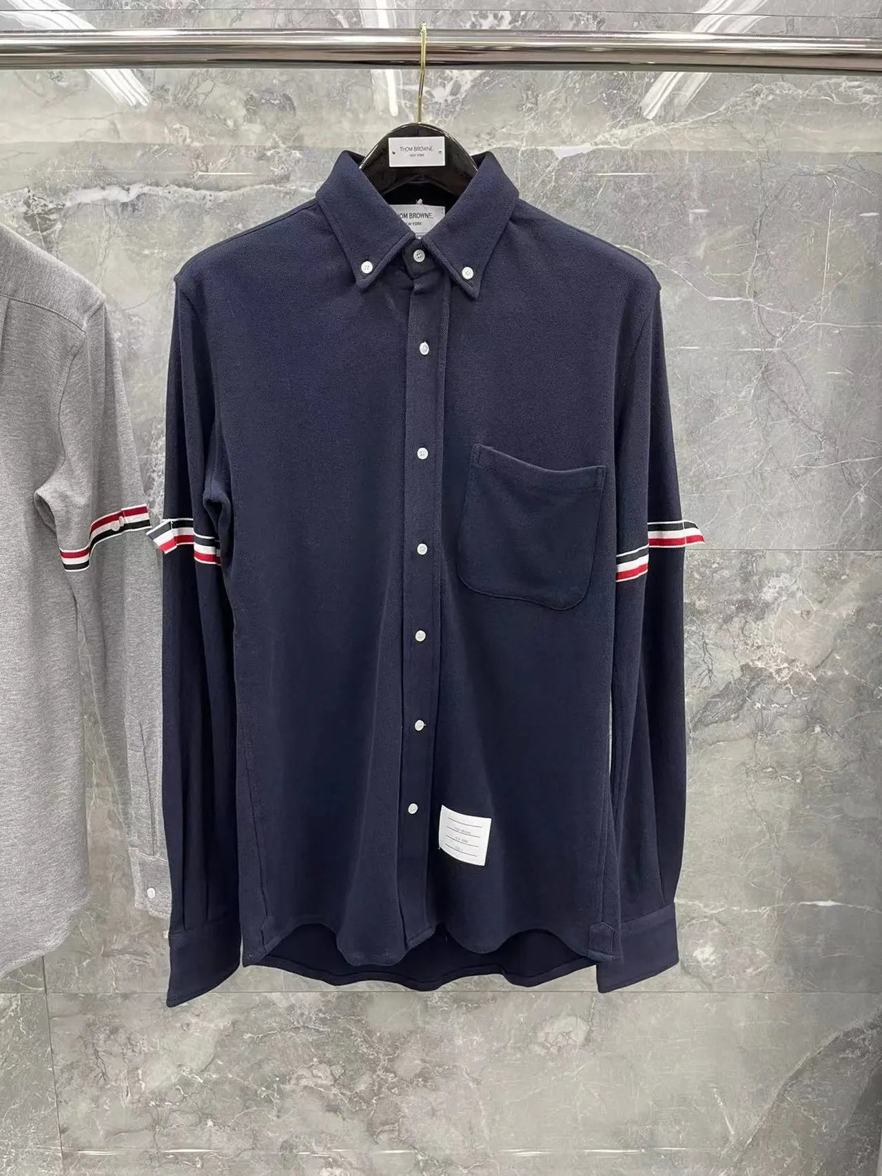 Thom Browne Shirts Button-Down with Tricolor Stripe Trim — Double-sleeved pique in blue