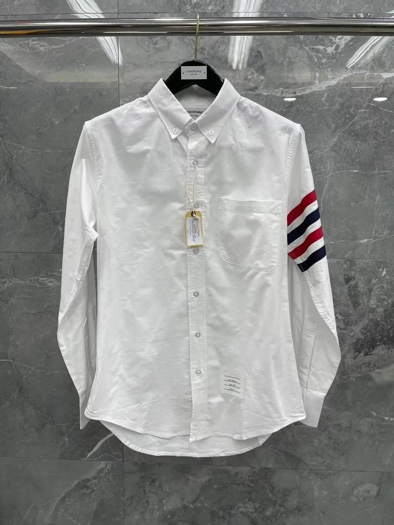 Thom Browne Shirts Button-Down with Tricolor Stripe Trim — Red and blue four-stripe shirt