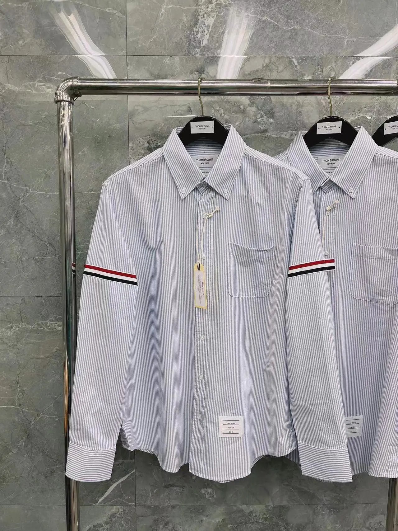 Thom Browne Shirts Button-Down with Tricolor Stripe Trim — Bilateral-striped light blue shirt