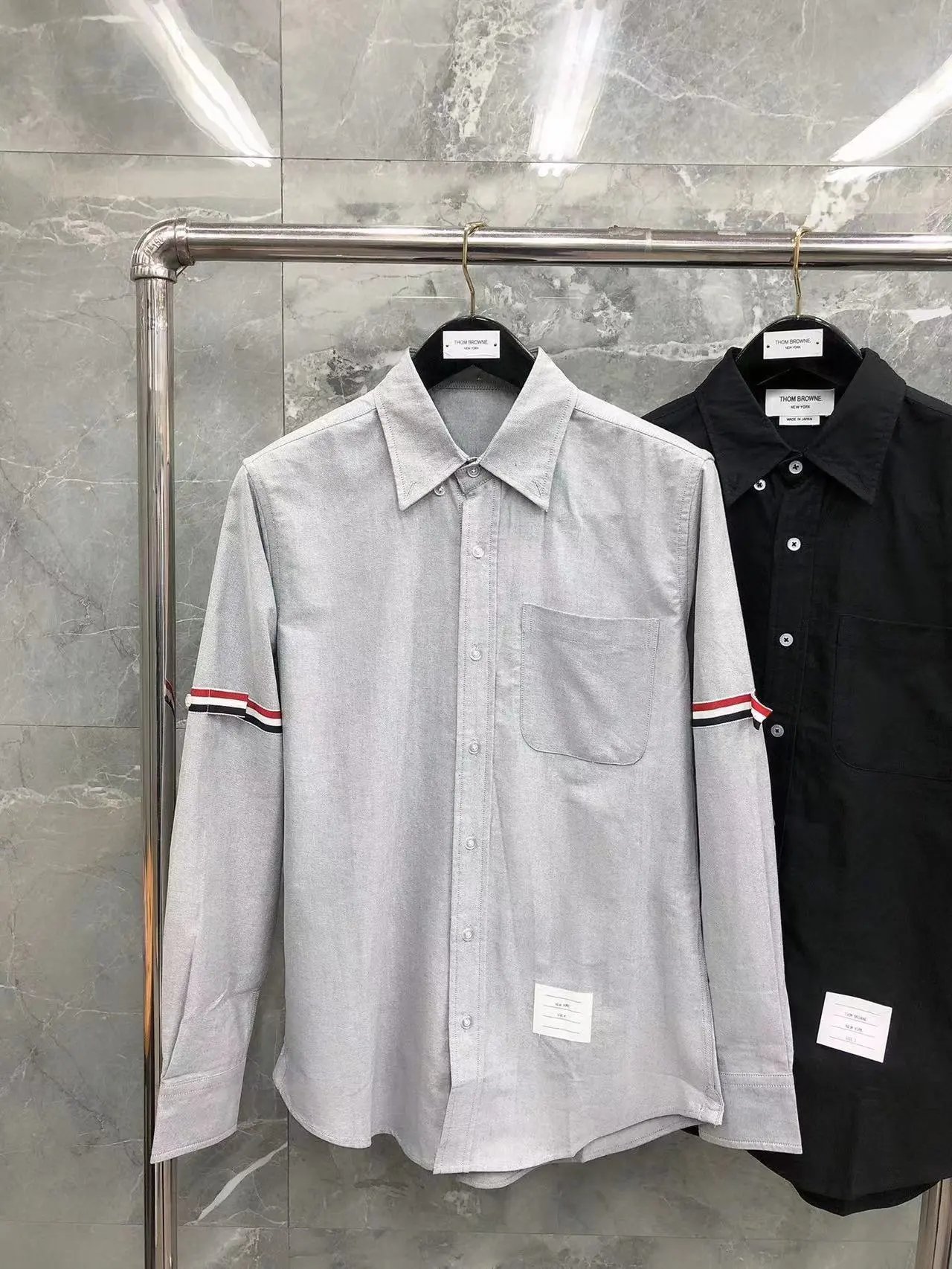 Thom Browne Shirts Button-Down with Tricolor Stripe Trim — Gray bilateral ribbon shirt