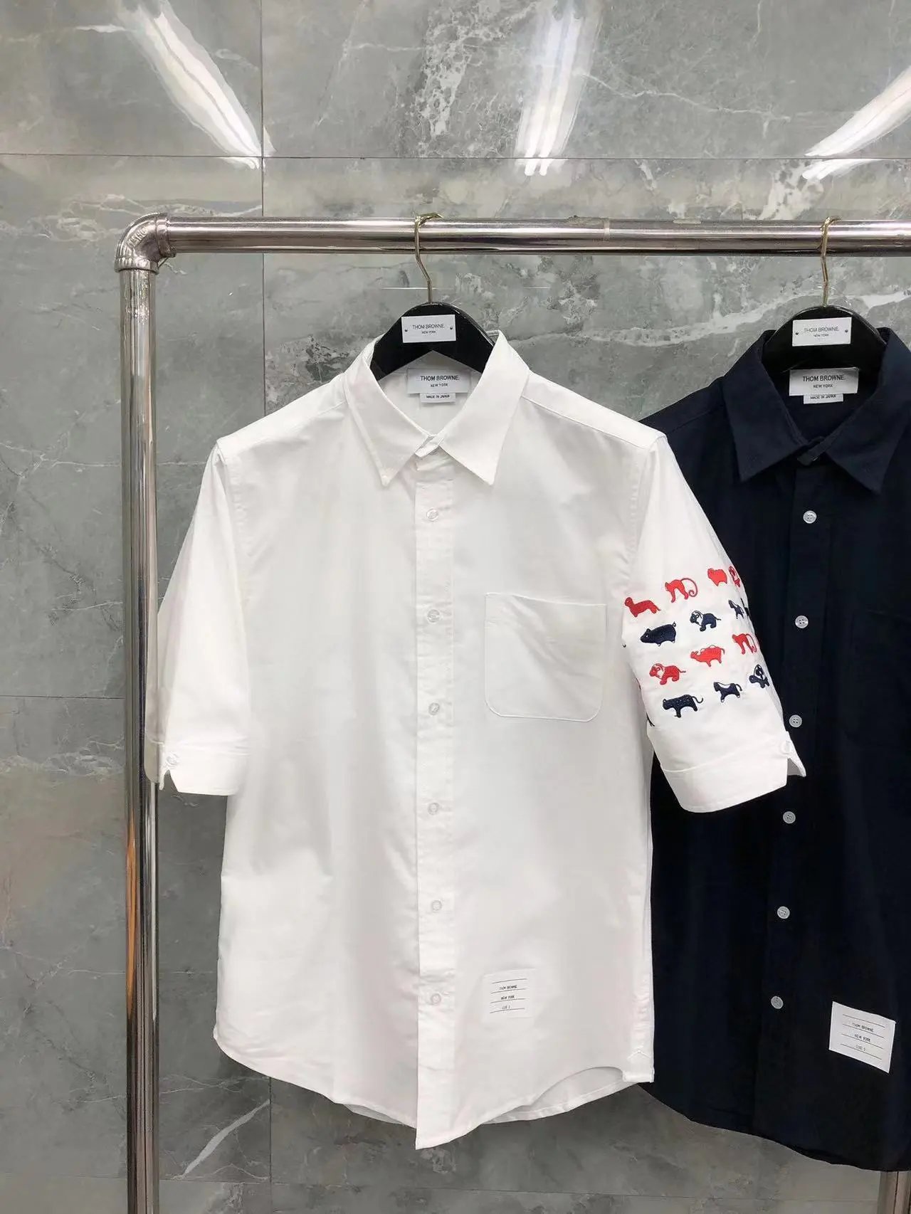 Thom Browne Shirts Button-Down with Tricolor Stripe Trim — Animal-embroidered short-sleeve white shirt