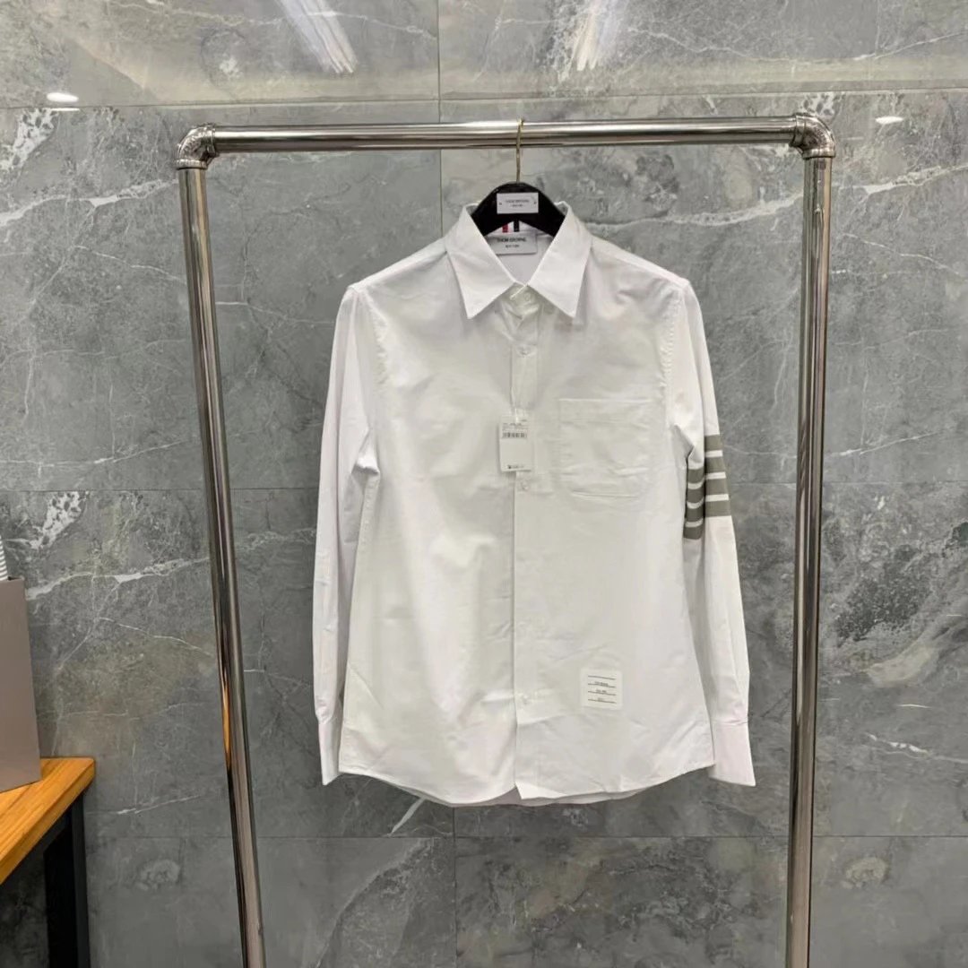 Thom Browne Shirts Button-Down with Tricolor Stripe Trim — Gray-striped white shirt