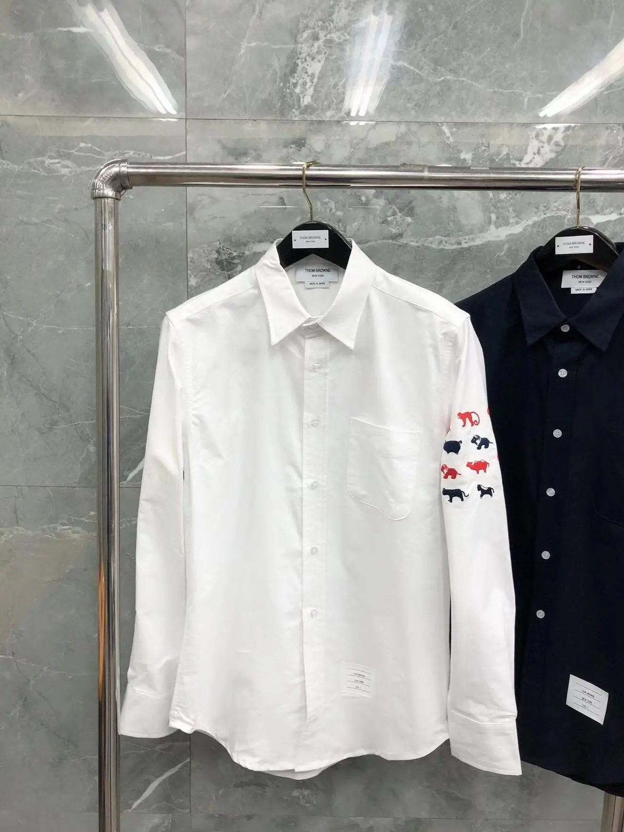 Thom Browne Shirts Button-Down with Tricolor Stripe Trim — Animal-embroidered white shirt