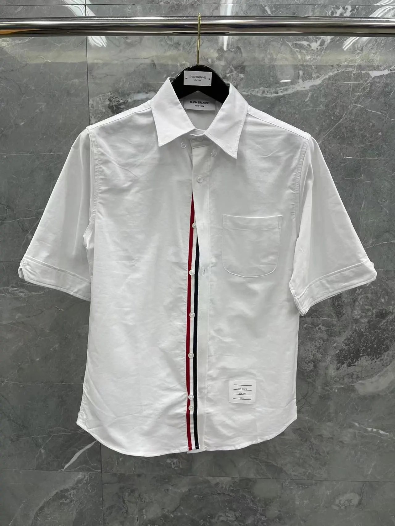Thom Browne Shirts Button-Down with Tricolor Stripe Trim — White short-sleeved shirt with inner straps