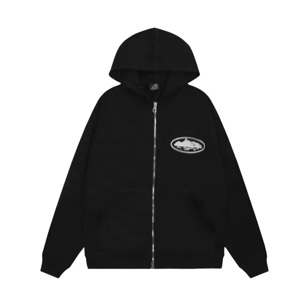 Design Oval Logo Zip-Up Hoodie Black - 7