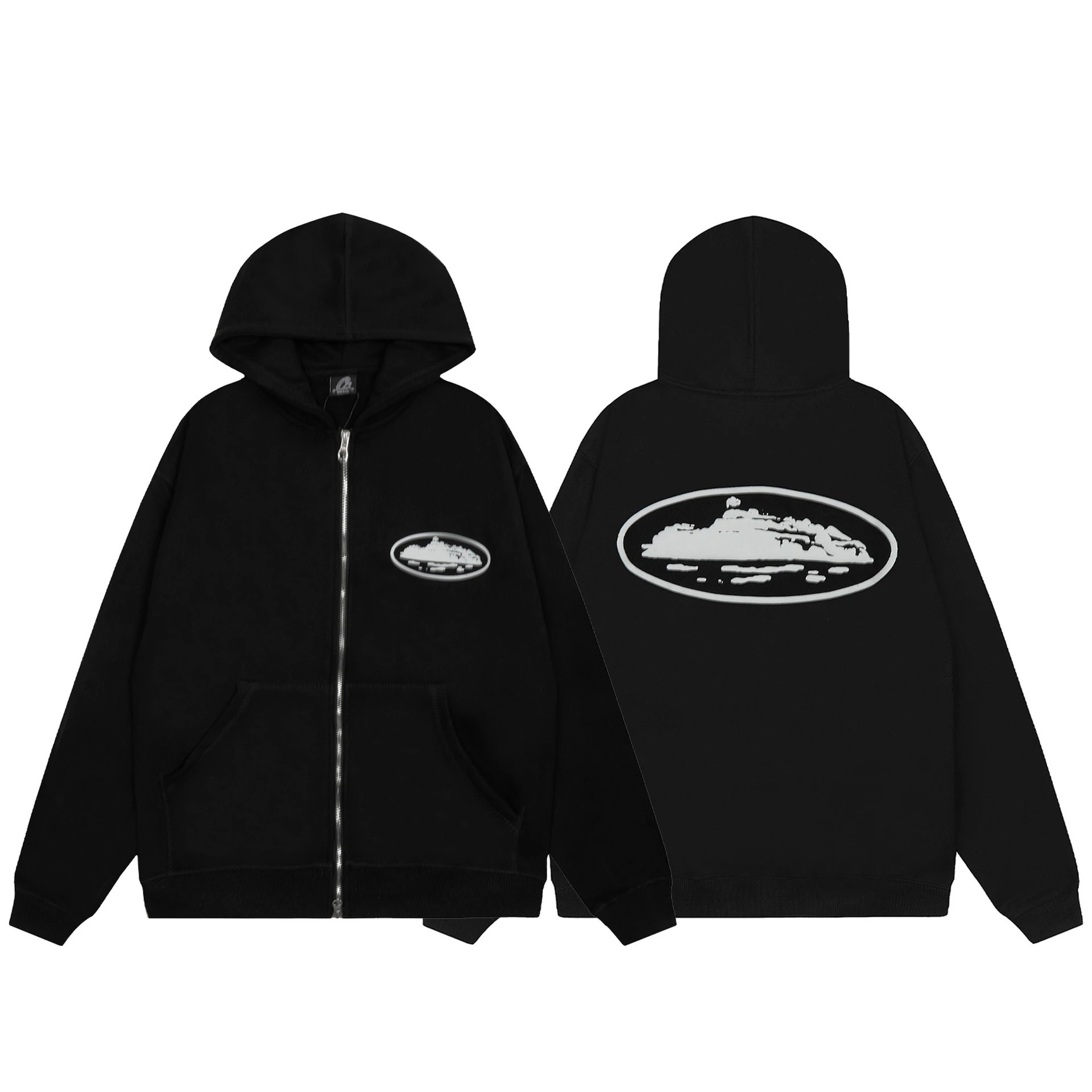 Design Oval Logo Zip-Up Hoodie Black - 6