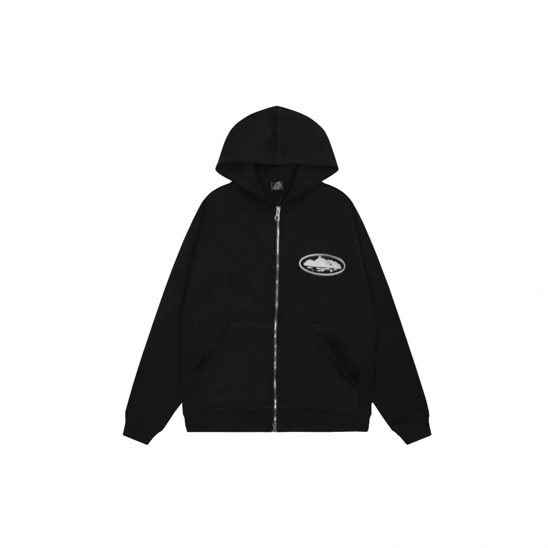 Design Oval Logo Zip-Up Hoodie Black - 1