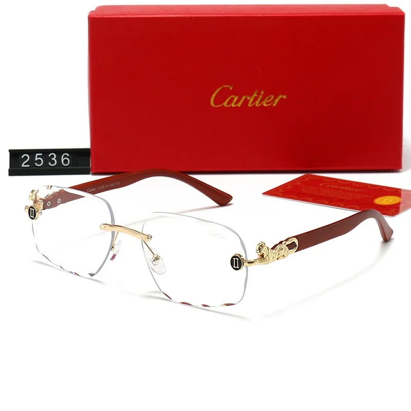 Cartier Rimless Optical Glasses with Panther Motif and Natural Wood Temples
