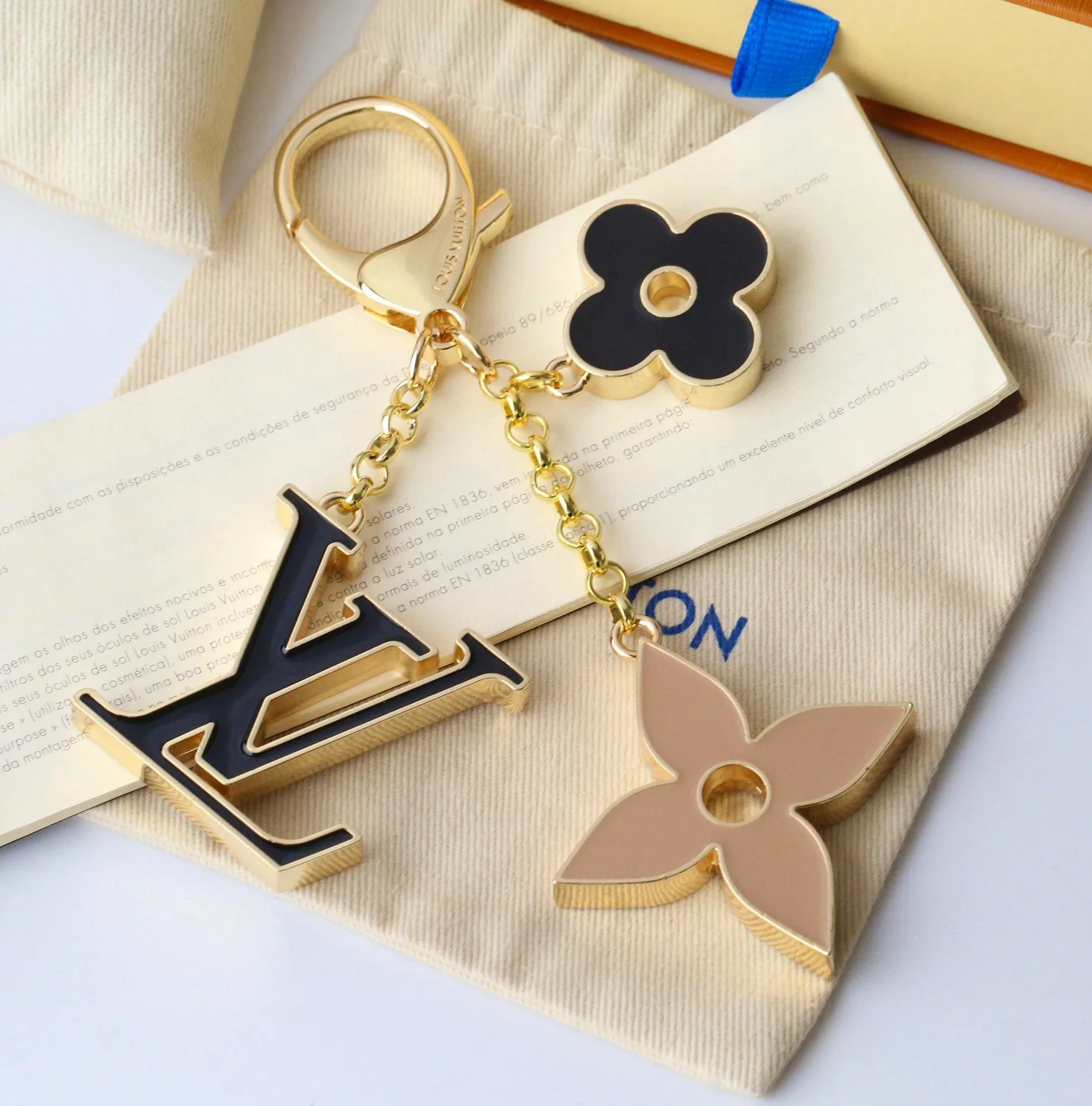 LV double flower & LV logo enamel metal keychain