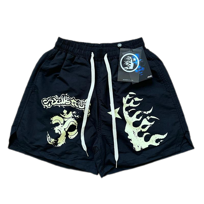 Hellstar Flame Logo Green Black Panel Shorts - 28