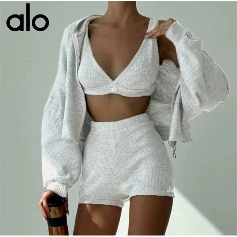 Alo Matching Sets Ribbed three-piece zip hoodie, wrap bra and shorts set — Grayish white