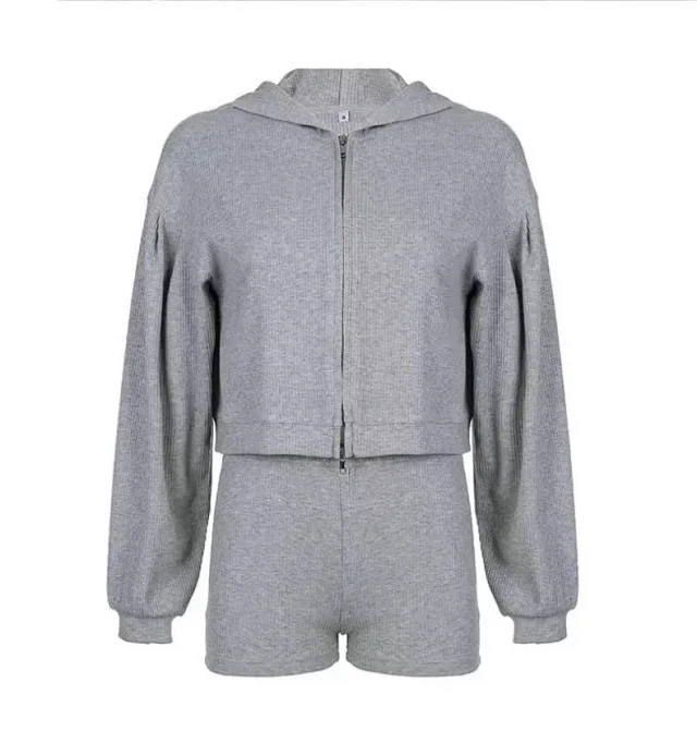 Alo Matching Sets Ribbed three-piece zip hoodie, wrap bra and shorts set product detail image 1