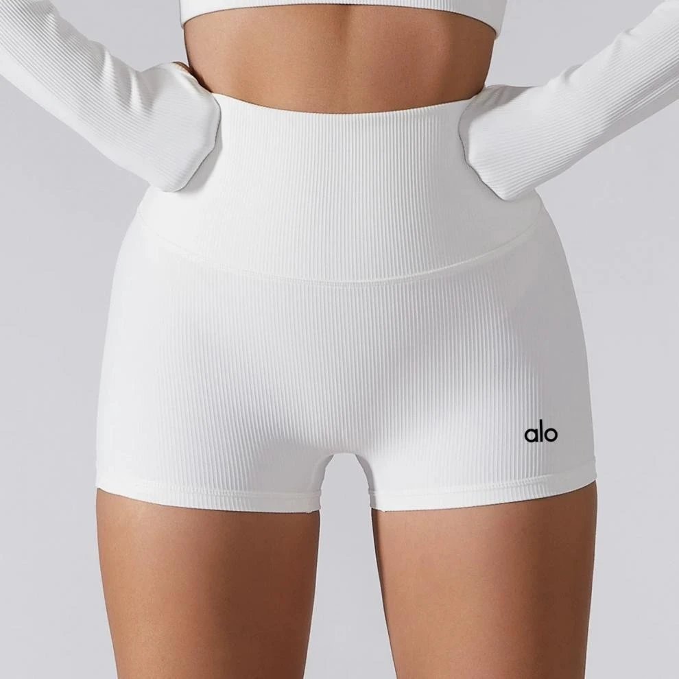 Olo Ribbed Cream Long Sleeve Crop Top And Biker Shorts Set