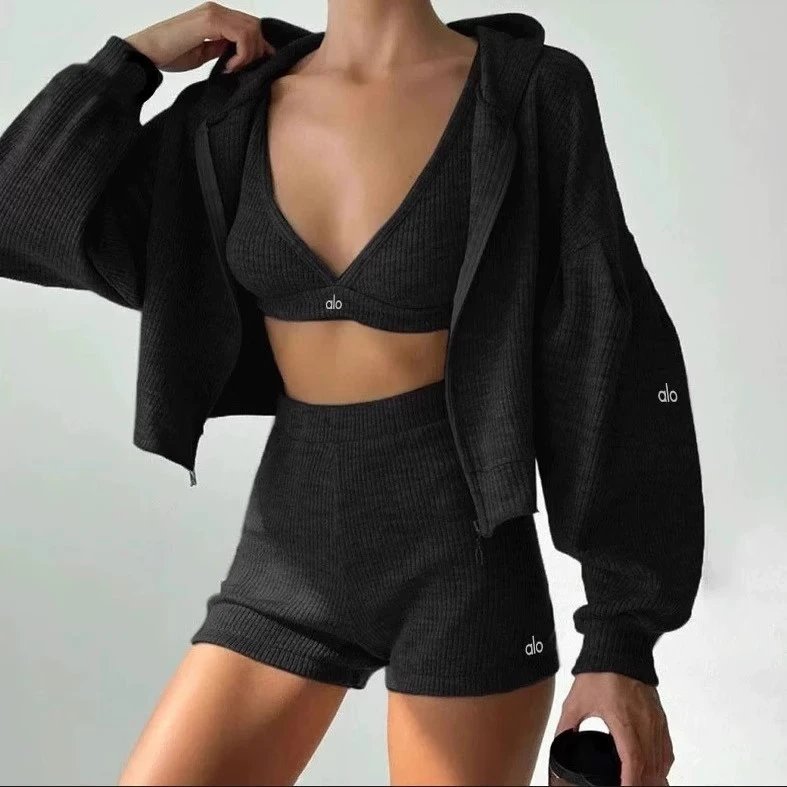 Alo Matching Sets Ribbed three-piece zip hoodie, wrap bra and shorts set image 2