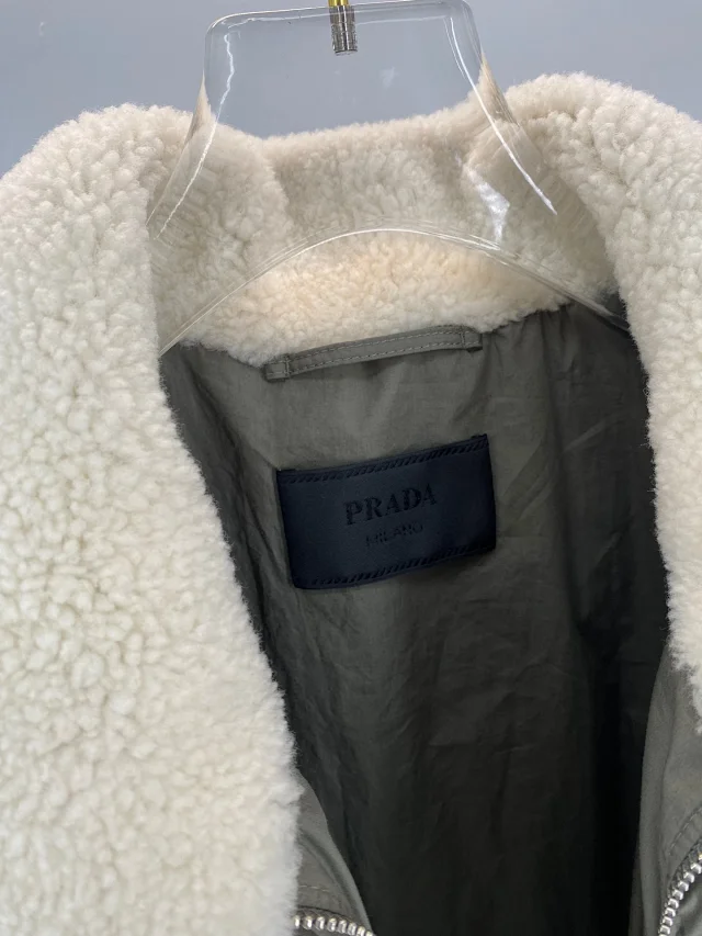 Prada Puffer Jacket Olive Green Shearling Collar Winter Coat