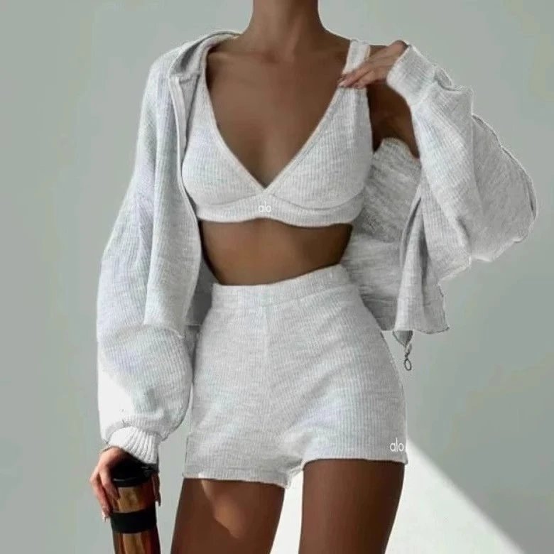 Alo Matching Sets Ribbed three-piece zip hoodie, wrap bra and shorts set image 3
