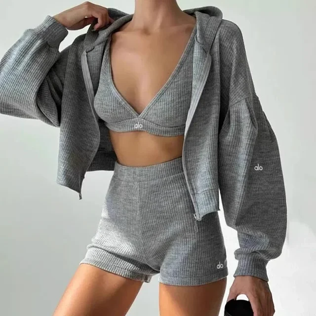 Alo Matching Sets Ribbed three-piece zip hoodie, wrap bra and shorts set product detail image 5