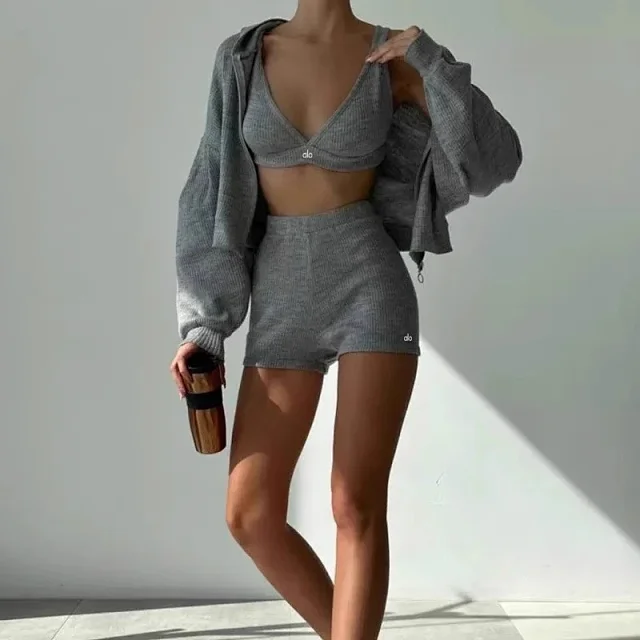 Alo Matching Sets Ribbed three-piece zip hoodie, wrap bra and shorts set product detail image 9