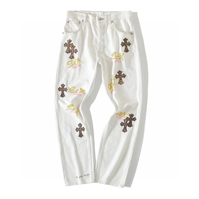 Chrome Hearts Cross Embroidered White Jeans