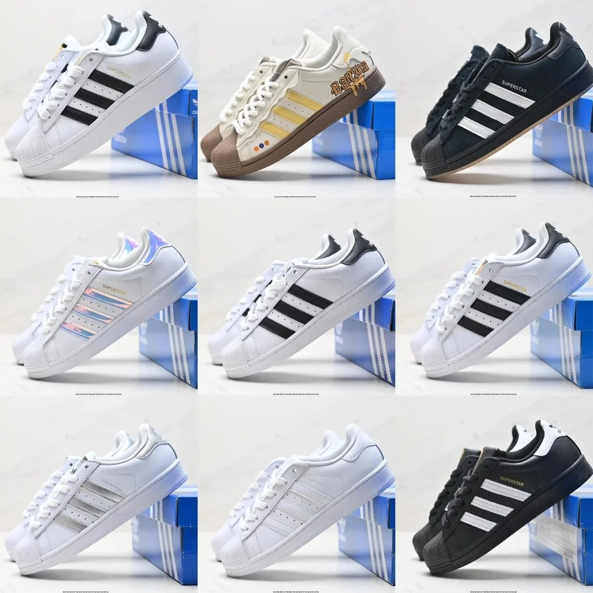 Adidas Superstar Sneakers in White, Black, and Beige Variants