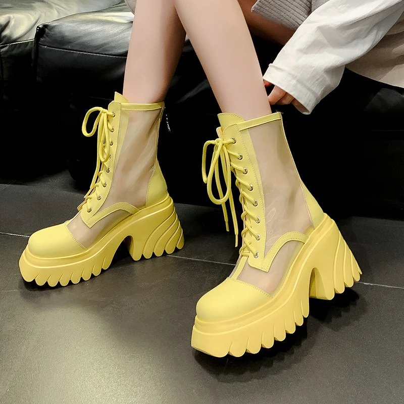 White Mesh Lace-Up Platform Chunky Boots
