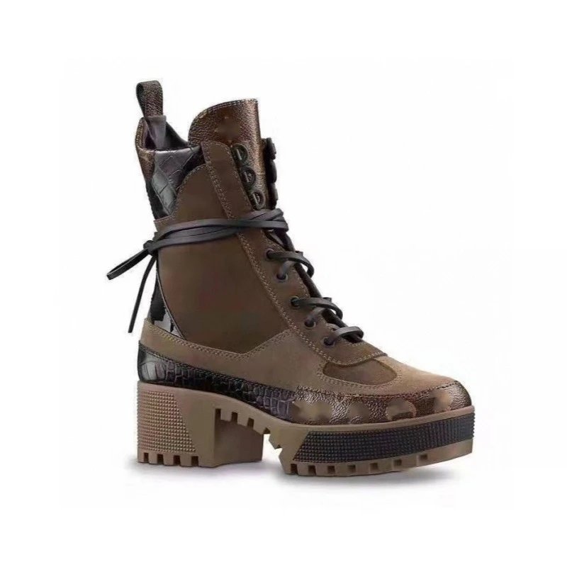 Louis Vuitton Monogram Brown Black Lace Up Chunky Heel Boots