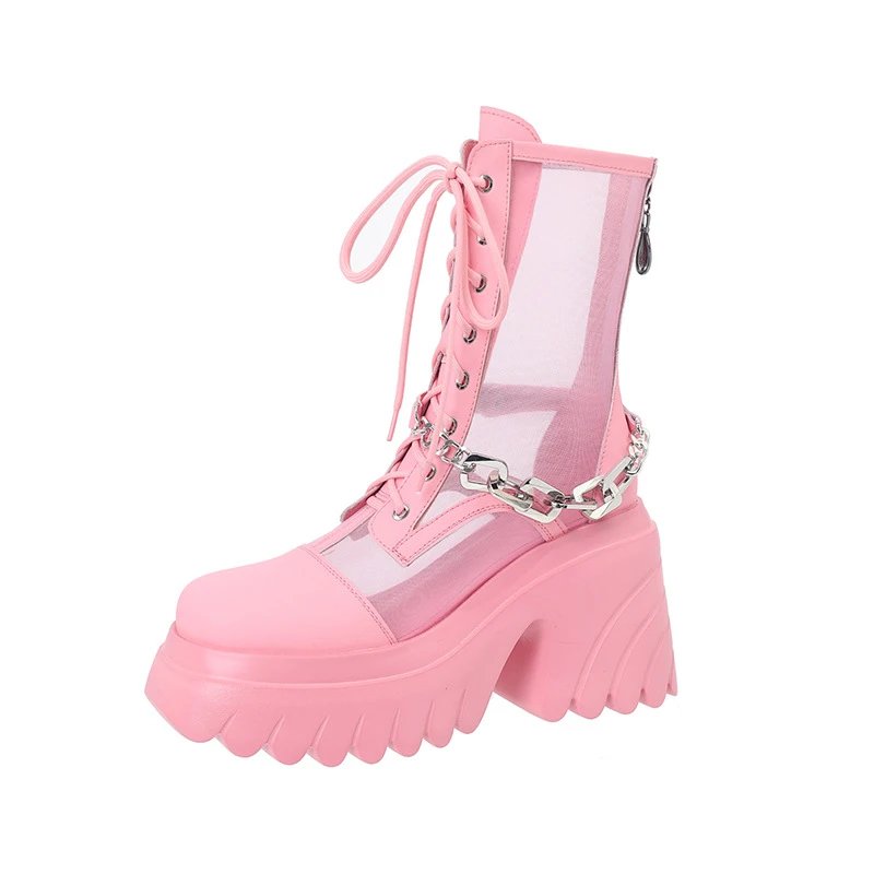 White Mesh Lace-Up Platform Chunky Boots