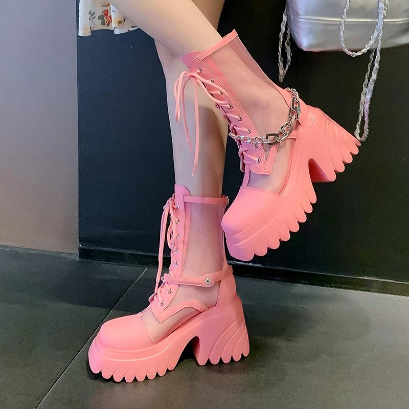 White Mesh Lace-Up Platform Chunky Boots