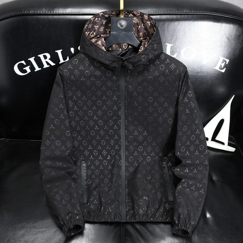 Monogram Print Black Hooded Windbreaker Jacket