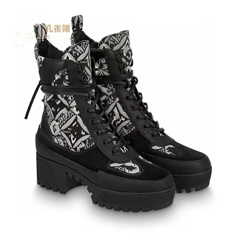 Louis Vuitton Monogram Brown Black Lace Up Chunky Heel Boots