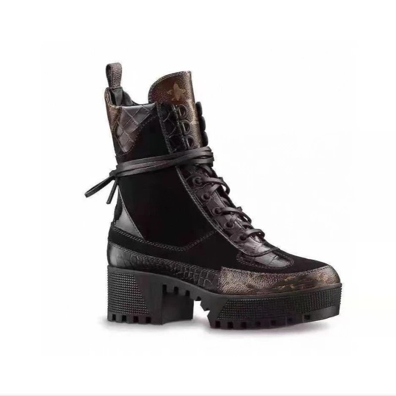 Louis Vuitton Monogram Brown Black Lace Up Chunky Heel Boots