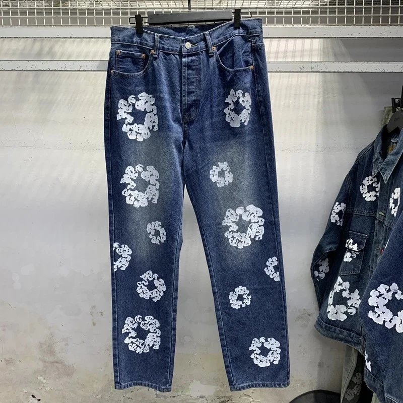 Floral Print Denim Jeans in Blue Blue