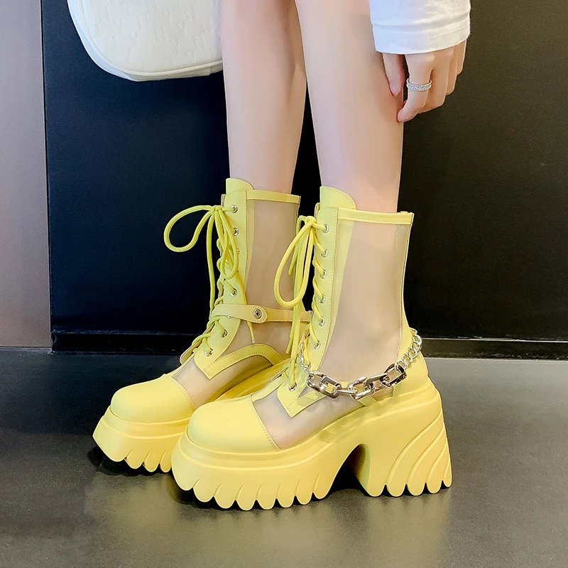 White Mesh Lace-Up Platform Chunky Boots