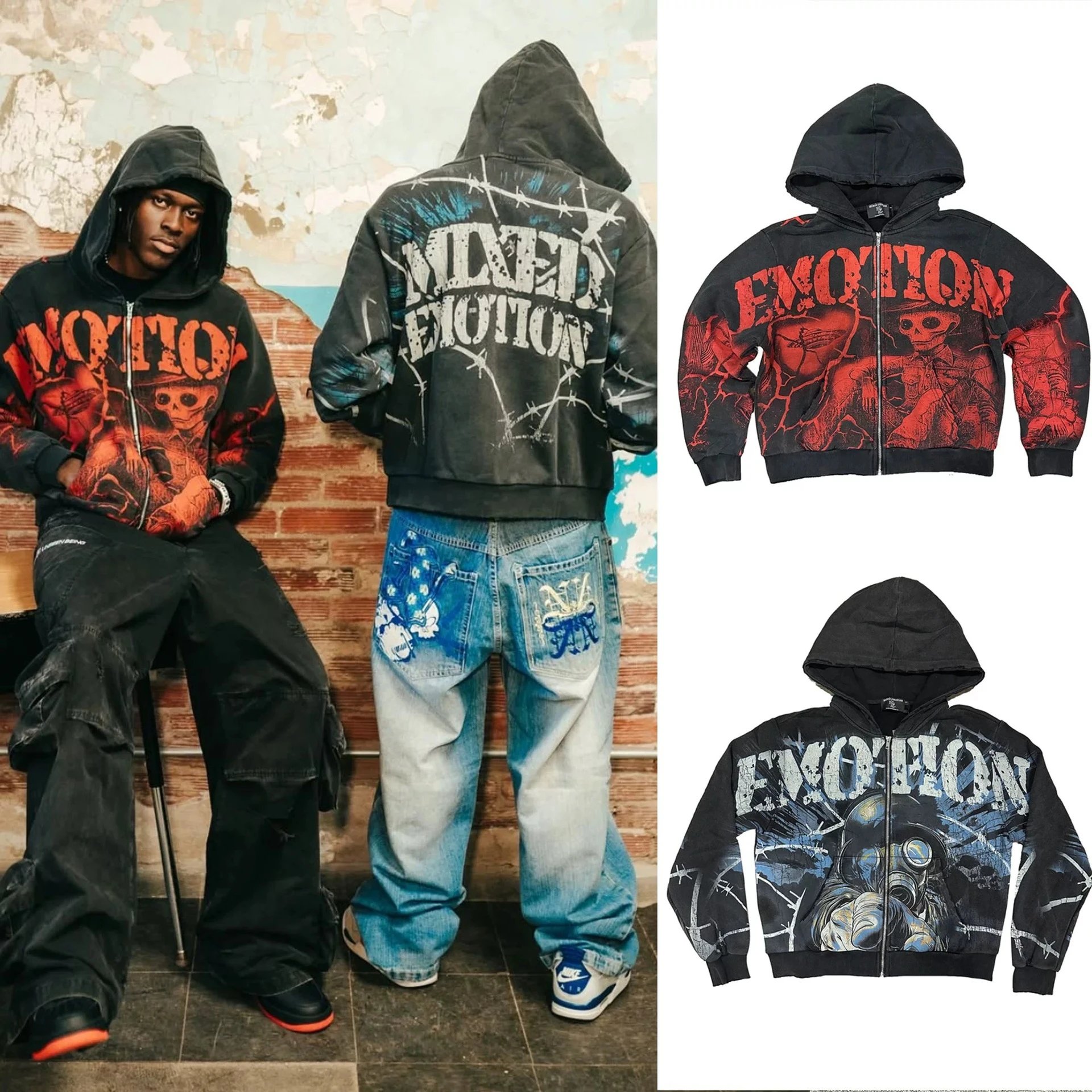 Mixed Emotion Black Graphic Print Zip-Up Hoodie