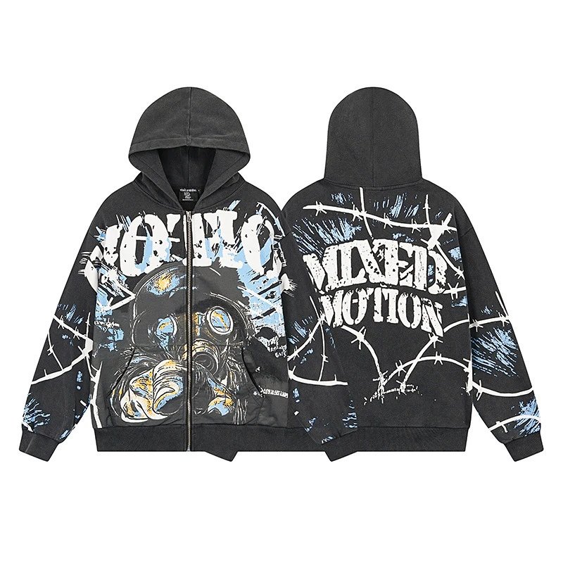 Mixed Emotion Black Graphic Print Zip-Up Hoodie