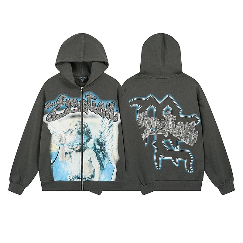 Mixed Emotion Black Graphic Print Zip-Up Hoodie