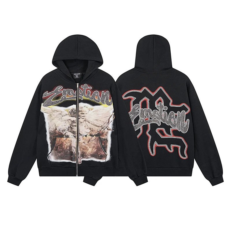 Mixed Emotion Black Graphic Print Zip-Up Hoodie