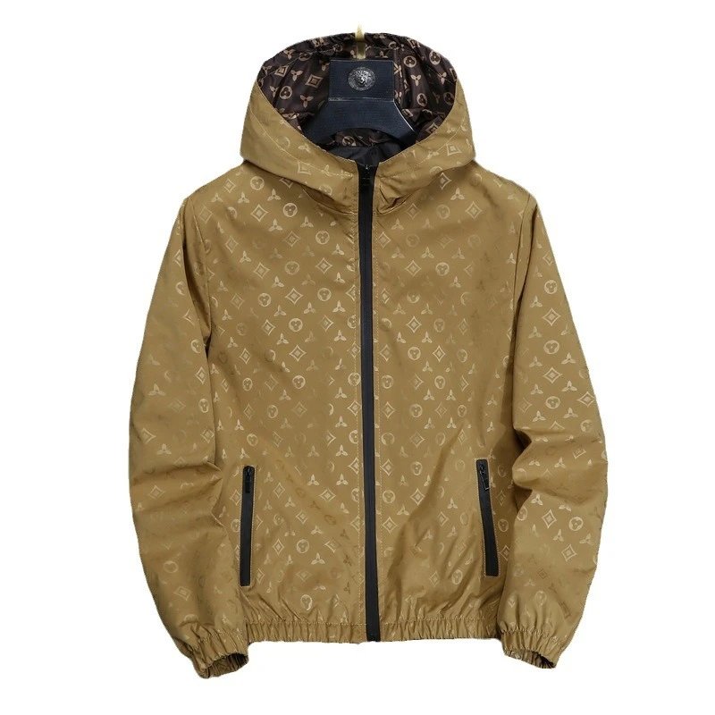 Monogram Print Black Hooded Windbreaker Jacket