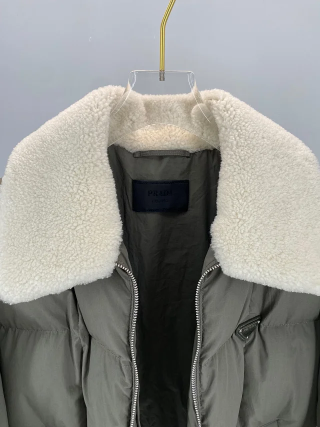 Prada Puffer Jacket Olive Green Shearling Collar Winter Coat