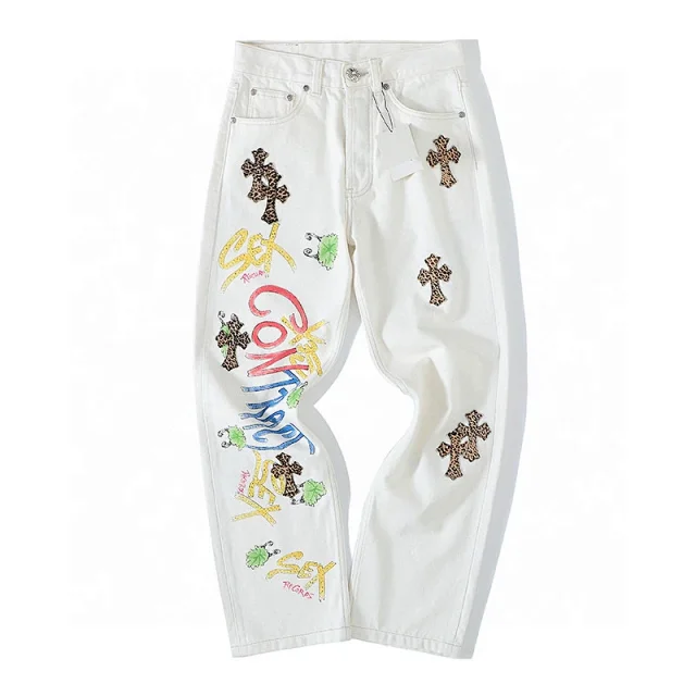 Chrome Hearts Cross Print White Jeans