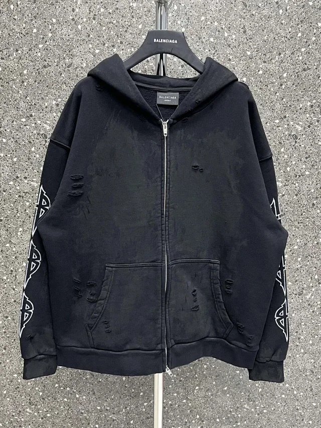 Balenciaga Black Distressed Zip-Up Hoodie