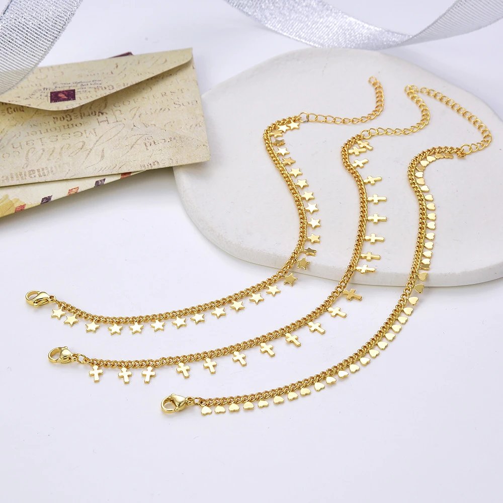 Gold Chain Anklets with Stars, Crosses, and Hearts [3 styles]