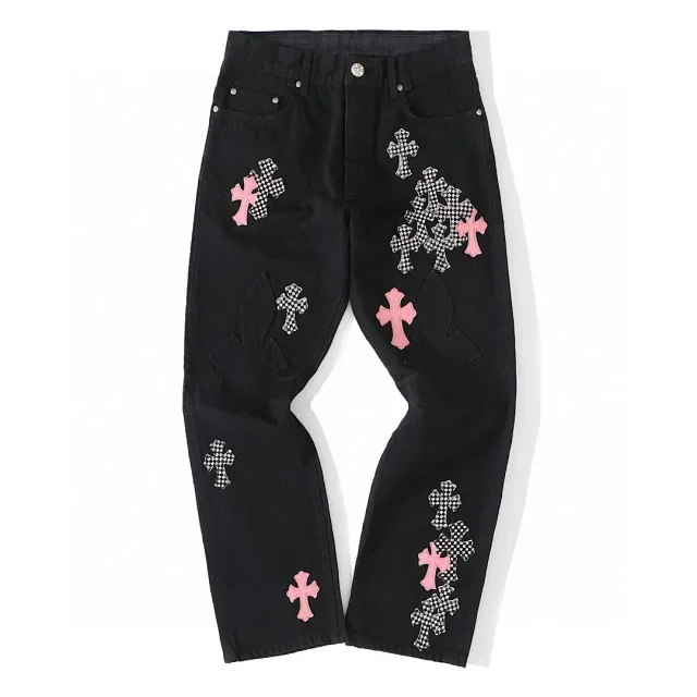 Black Cross Embroidered Jeans