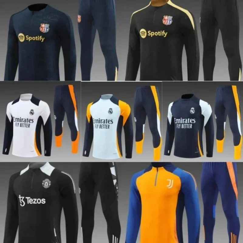 FC Barcelona Spotify Blue Training Set, Real Madrid Emirates White Training Set, Manchester United Tezos Black Training Set, Juventus Orange Training Set