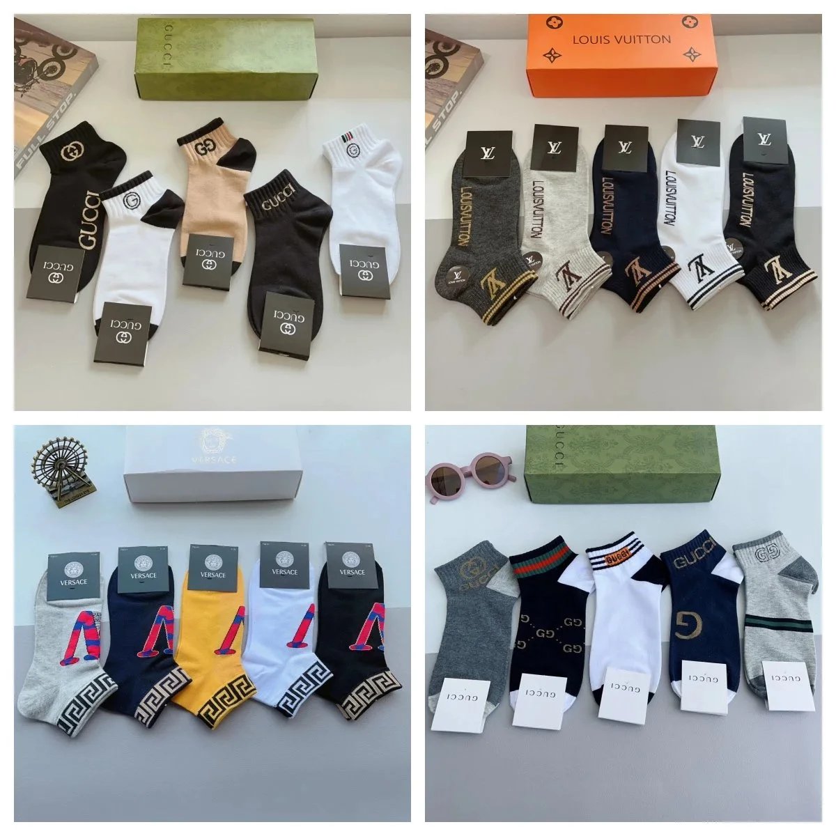 Gucci GG Supreme Socks, Louis Vuitton Monogram Socks, Versace Greca Socks [12 styles]